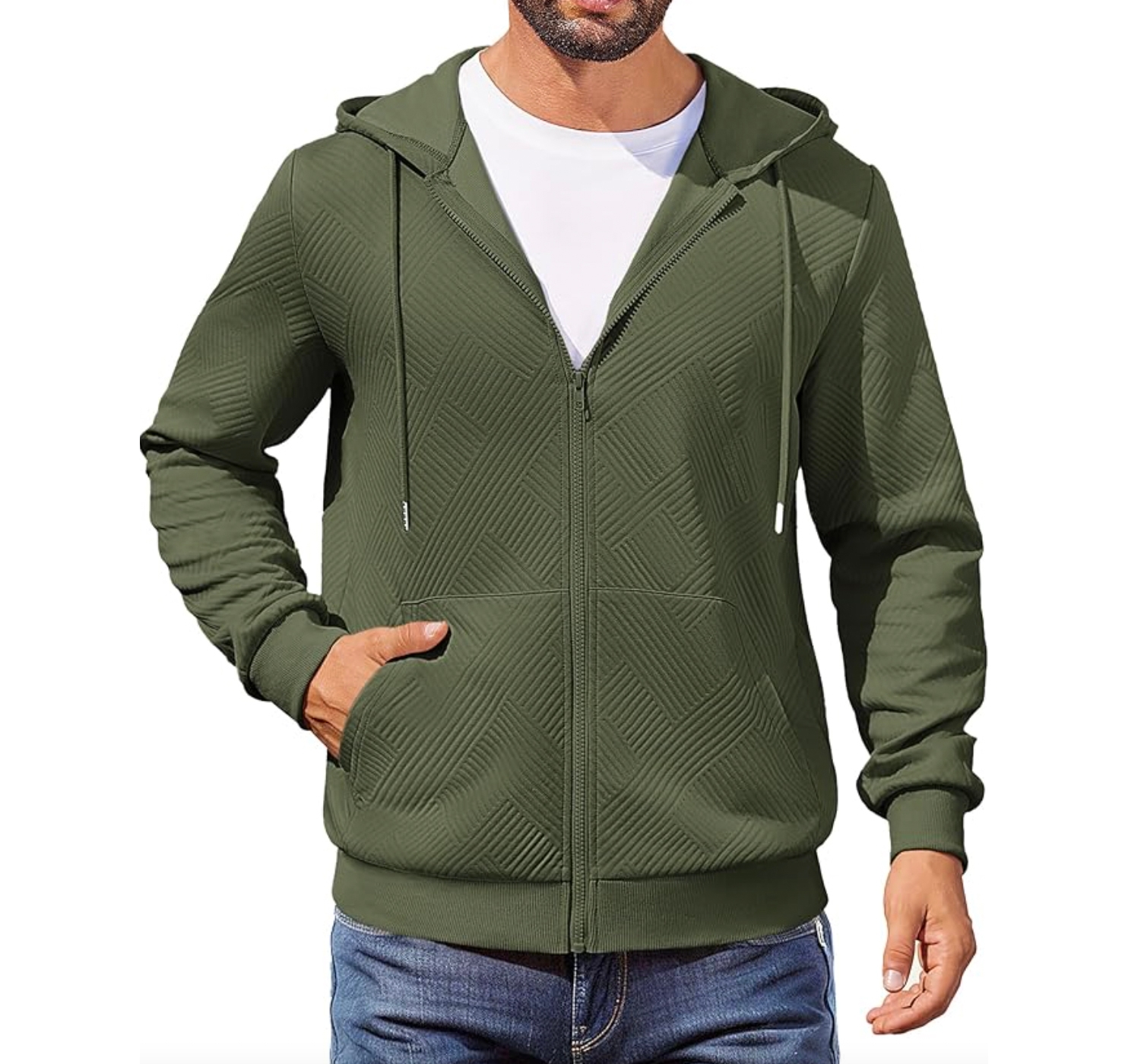 Olive green zip-up hoodie with a subtle geometric pattern, featuring a drawstring hood, front pockets, and ribbed cuffs, paired with blue jeans.