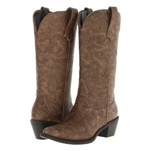 A pair of brown cowboy boots with decorative stitching.