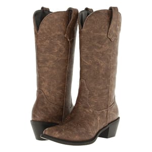 A pair of brown cowboy boots with decorative stitching.