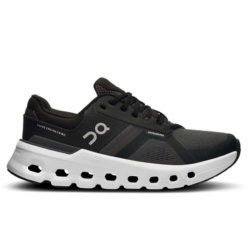 The On Women's Cloudrunner 2 Shoes are sleek black athletic shoes with a sturdy white sole featuring unique cut-out details for enhanced cushioning and support.