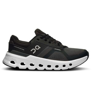 The On Women's Cloudrunner 2 Shoes are sleek black athletic shoes with a sturdy white sole featuring unique cut-out details for enhanced cushioning and support.