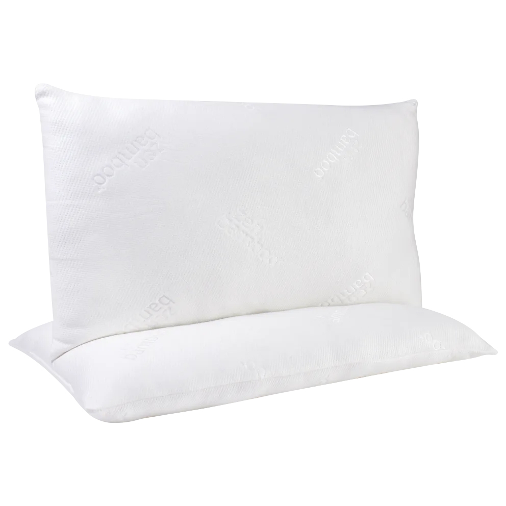 Two white pillows made with bamboo fabric, featuring cooling gel for enhanced comfort.