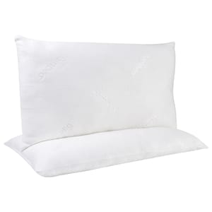Two white pillows made with bamboo fabric, featuring cooling gel for enhanced comfort.