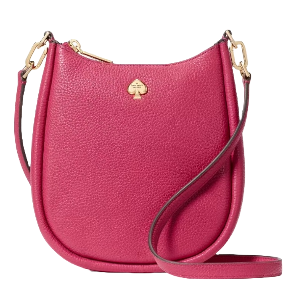 Bright pink leather crossbody bag with a gold spade logo and matching strap.