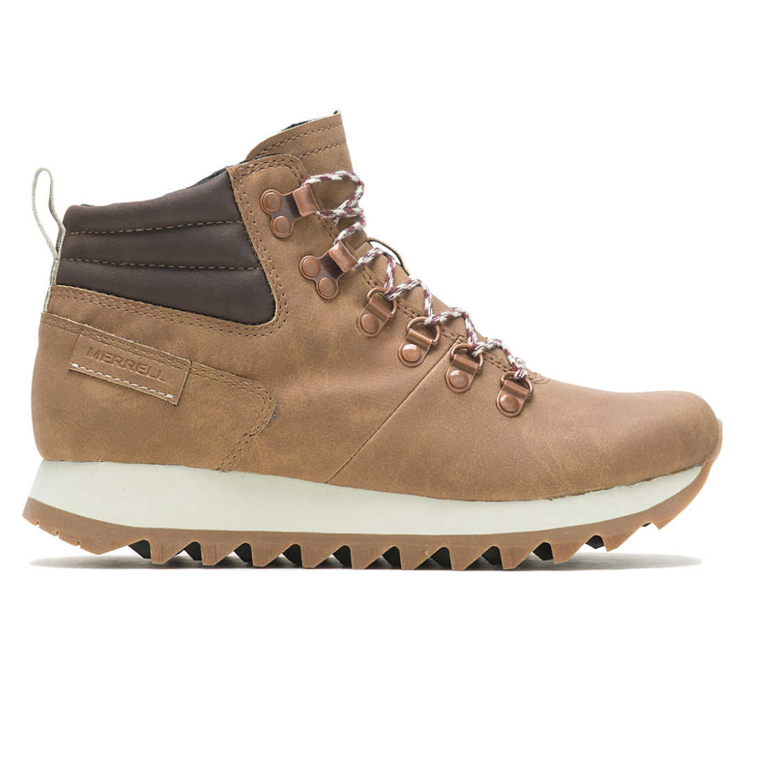 Merrell Women's Alpine Hikers are brown leather ankle boots with a cushioned heel, zigzag outsole, and lace-up front with metal eyelets. They feature a padded collar for comfort and a pull tab at the heel.
