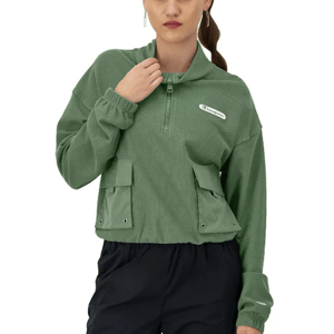 A women's quarter-zip pullover jacket in olive green features a textured waffle weave, two front pockets with flap closures, and a small logo on the left chest.