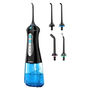 A black cordless water flosser with a transparent blue water tank and multiple interchangeable tips for oral hygiene.