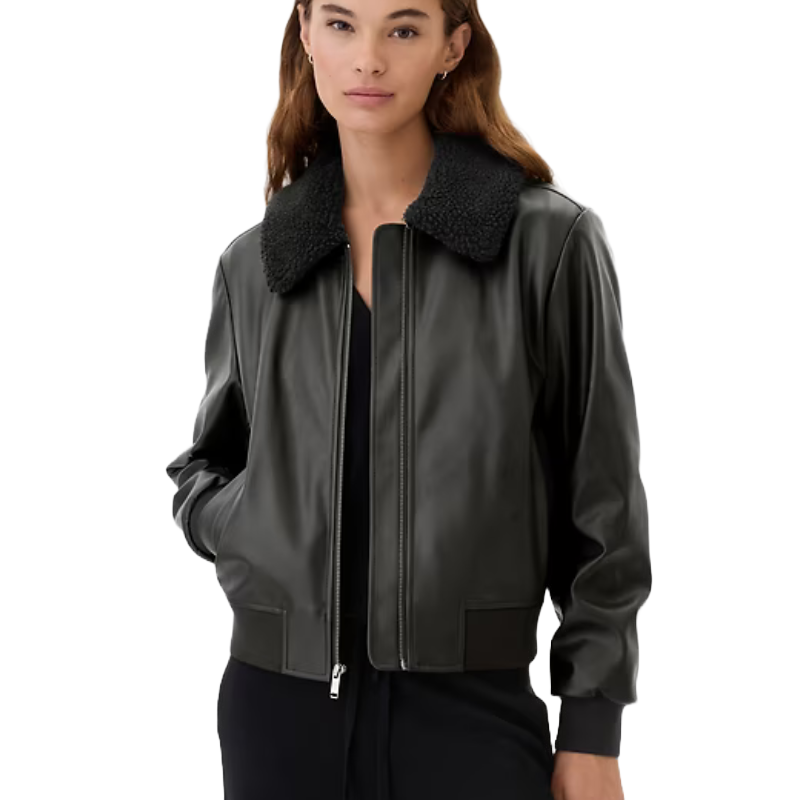 Black vegan-leather bomber jacket with a sherpa collar, long sleeves, ribbed cuffs, and a zipper closure.