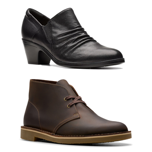 Two types of shoes are shown: a black leather heeled shoe on top and a brown lace-up boot on the bottom.