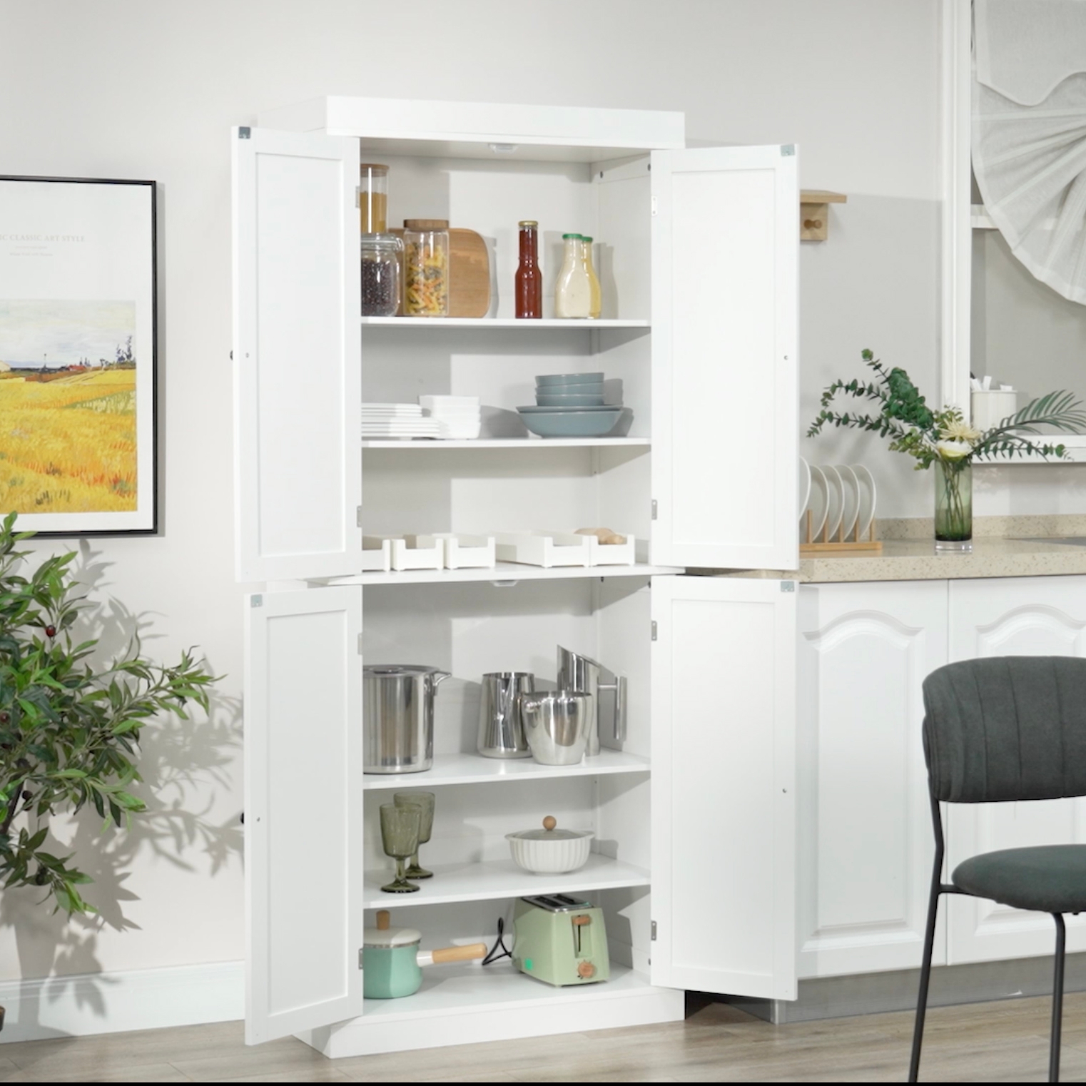 White kitchen cabinet with doors open, displaying dishes, glasses, and cooking pots.