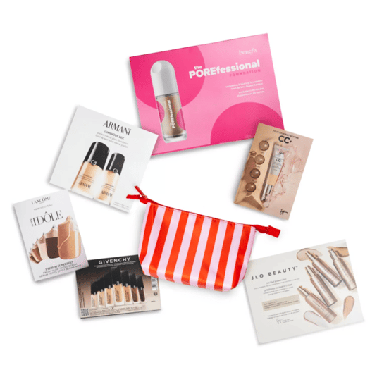 Cosmetic sets featuring brands like Benefit, Armani, Lancôme, Givenchy, and JLo Beauty, with a red and pink striped makeup bag.