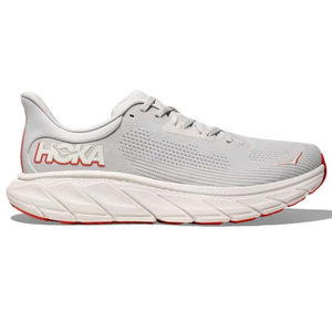 A Hoka running shoe with a gray upper and red accents; features include a thick cushioned sole and breathable mesh material.