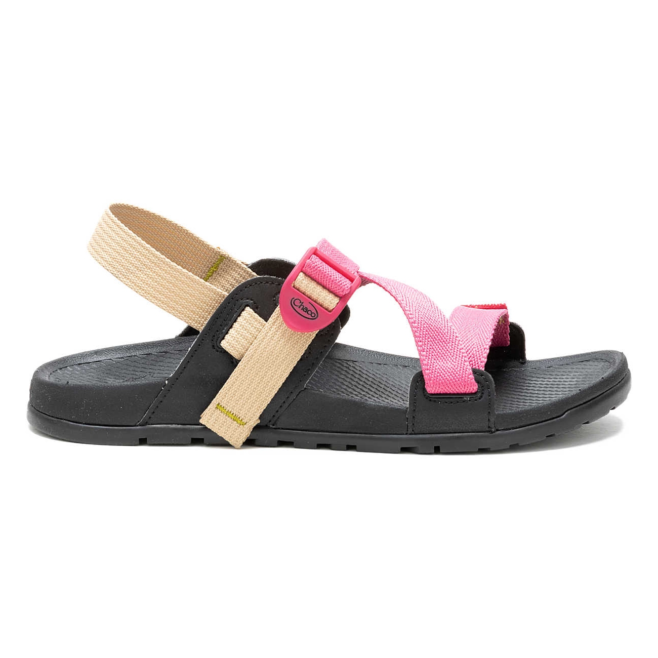 Chaco Women's Lowdown Sandals feature a black sole with adjustable pink and beige straps, providing comfort and support with a secure fit for casual wear.