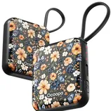 Two portable hand warmers with a floral design and looped handles.
