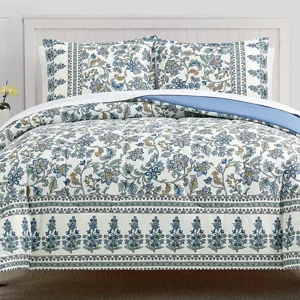 A 3-piece floral comforter set featuring a design of blue and cream-colored flowers with intricate borders. The set includes a comforter and two matching pillow shams, creating a cohesive and elegant look for a bed.