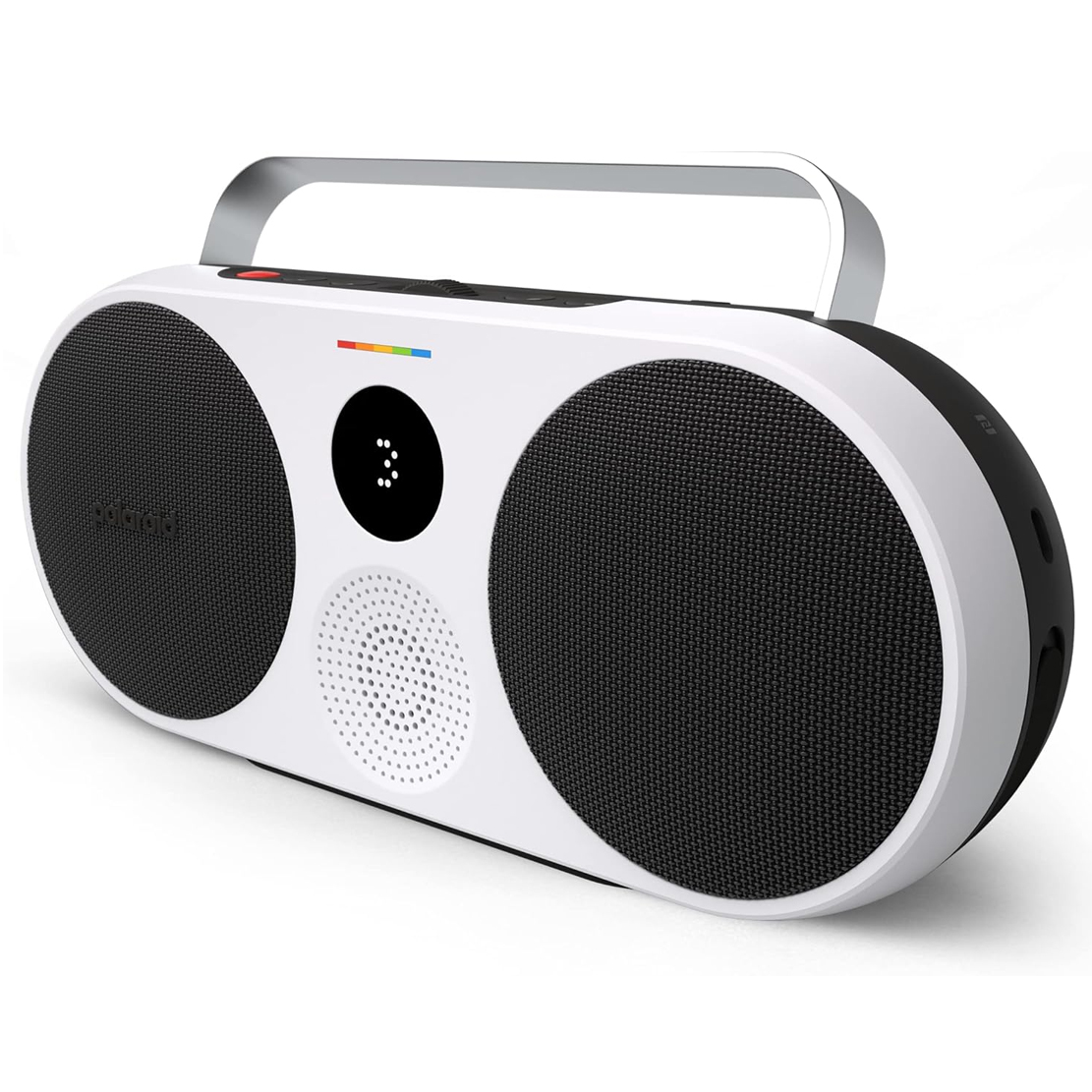 The Polaroid P3 Wireless Boombox features a retro design with a white body and two large black speakers. It includes a carrying handle, modern digital display, and color accents, combining vintage aesthetics with contemporary functionality.