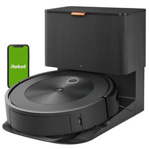 A robotic vacuum cleaner with a docking station and a smartphone displaying the iRobot app logo, indicating smart home integration and automated cleaning capabilities.
