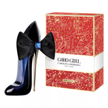 Carolina Herrera's \“Good Girl BOWTASTIC\“ fragrance features a stiletto-shaped bottle with a black bow and decorative box.