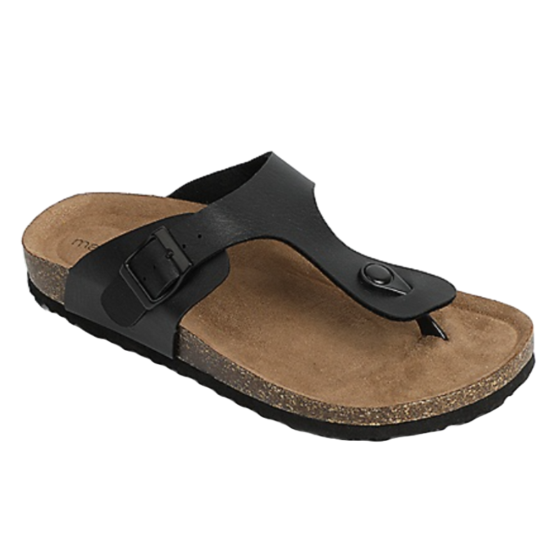 Black toe thong sandals with an adjustable buckle strap and a cork footbed, featuring a simple design with a single toe post and a cushioned suede-like insole.