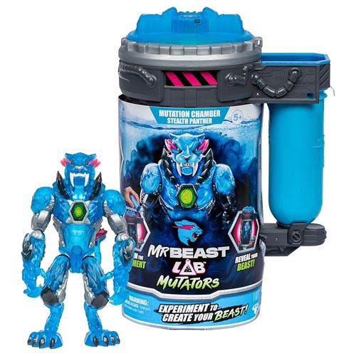 a blue panther creature action figure besides its case