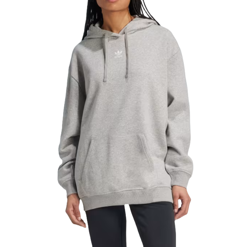 Gray Adidas oversized fleece hoodie with a drawstring hood, featuring the Adidas logo on the chest. It has a front kangaroo pocket and long sleeves, offering a relaxed fit.
