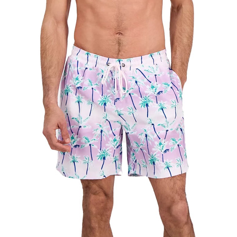 Men's swim shorts featuring a palm tree pattern on a pink and white background with an adjustable drawstring waist.