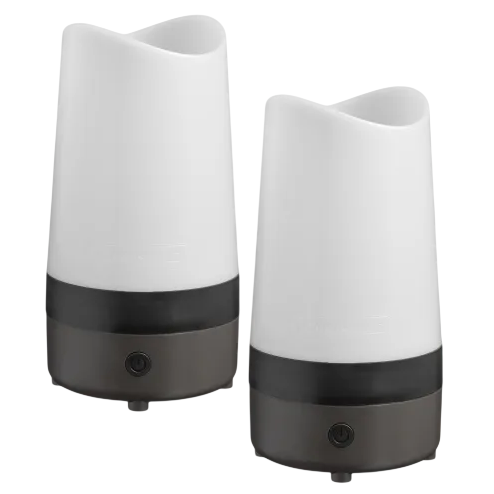 A pair of white and black electric diffusers with a sleek, modern design, featuring a power button on their base.