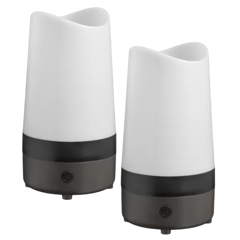 A pair of white and black electric diffusers with a sleek, modern design, featuring a power button on their base.