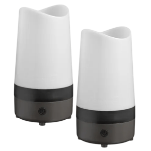 A pair of white and black electric diffusers with a sleek, modern design, featuring a power button on their base.