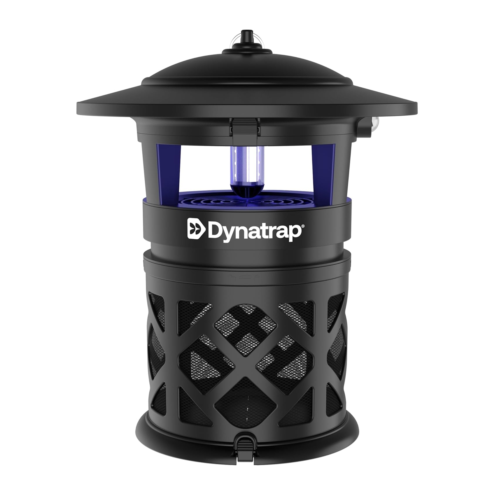 The DynaTrap 1/2-Acre Insect Trap is a black cylindrical device with a hat-like top and a blue UV light in the center, designed to attract and trap insects effectively.
