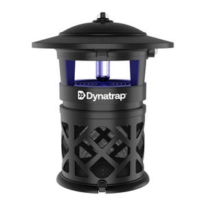 The DynaTrap 1/2-Acre Insect Trap is a black cylindrical device with a hat-like top and a blue UV light in the center, designed to attract and trap insects effectively.