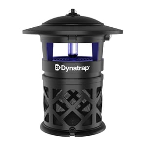The DynaTrap 1/2-Acre Insect Trap is a black cylindrical device with a hat-like top and a blue UV light in the center, designed to attract and trap insects effectively.