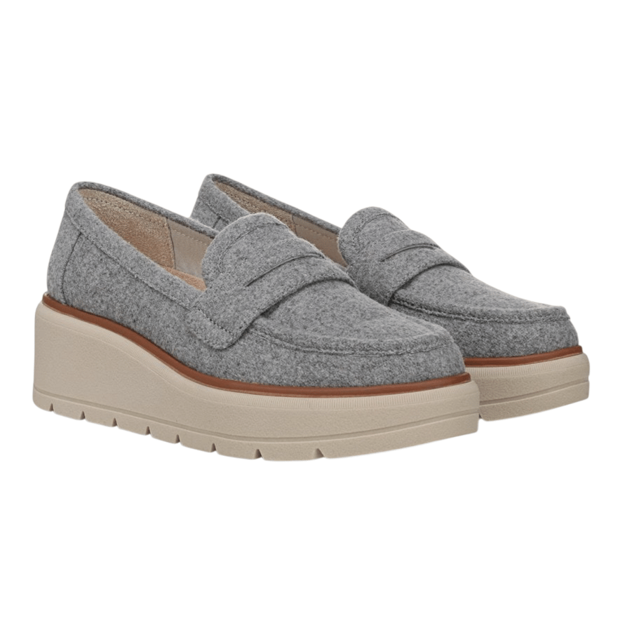 Gray felt loafers with a chunky beige platform sole, featuring a penny strap design and stitched detailing.