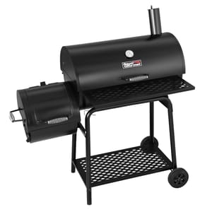 A black charcoal grill and smoker with a large barrel body, side firebox, smokestack, two wheels, and a front shelf for tools and food preparation.