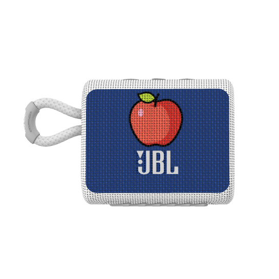 A JBL Go 3 speaker with a customized design featuring a red apple illustration on a blue background, along with the JBL logo.