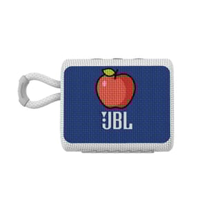 A JBL Go 3 speaker with a customized design featuring a red apple illustration on a blue background, along with the JBL logo.