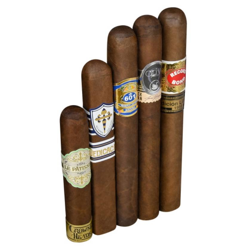 Five cigars with various labels, arranged vertically.
