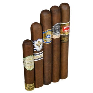 Five cigars with various labels, arranged vertically.