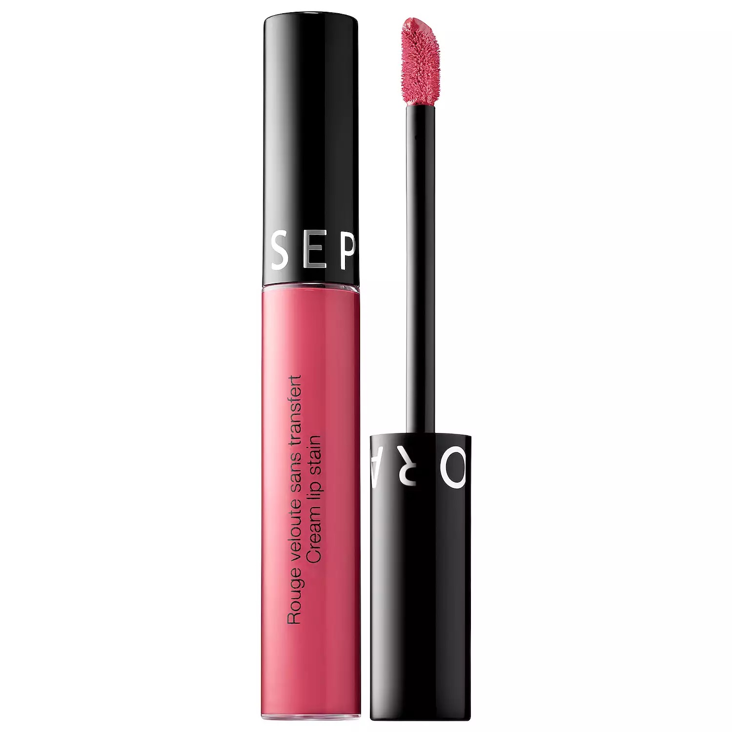 A tube of pink liquid lipstick with its applicator beside it, labeled with the brand name SEPHORA.