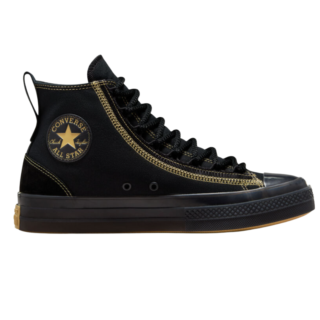 A black Converse Chuck Taylor All Star high-top sneaker with gold stitching and accents.