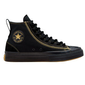 A black Converse Chuck Taylor All Star high-top sneaker with gold stitching and accents.