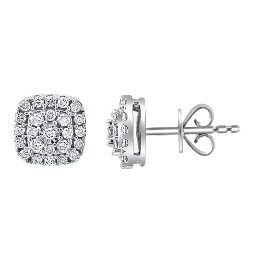 Effy 1/2ct diamond earrings feature a cushion shape with multiple layers of small, sparkling diamonds set in white metal. They include a post and butterfly back for secure fastening.