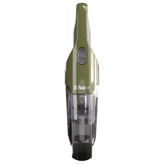 Cordless handheld vacuum cleaner with a green body and transparent dustbin.