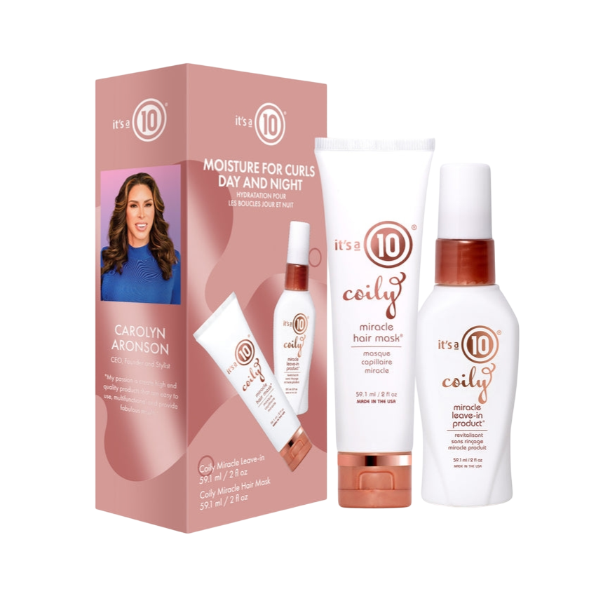 Moisture for Curls Day and Night set by It's a 10 includes a Coily Miracle Hair Mask and Coily Miracle Leave-In Product, both 59.1 ml (2 fl oz) each, designed for curl hydration.