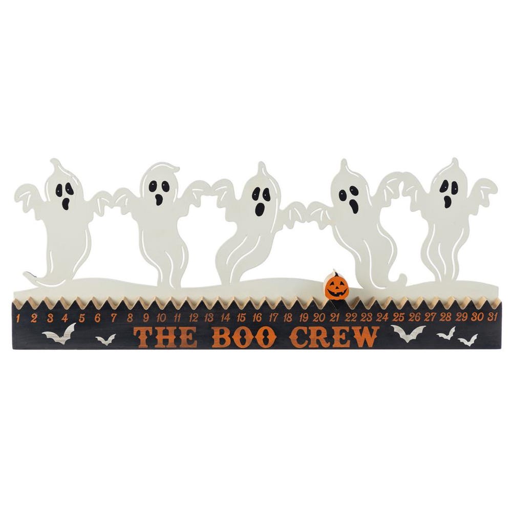 A Halloween-themed countdown calendar featuring five ghost cutouts and numbered slots with a small pumpkin marker to indicate the day. The base reads \“The Boo Crew\“ with bat decorations.