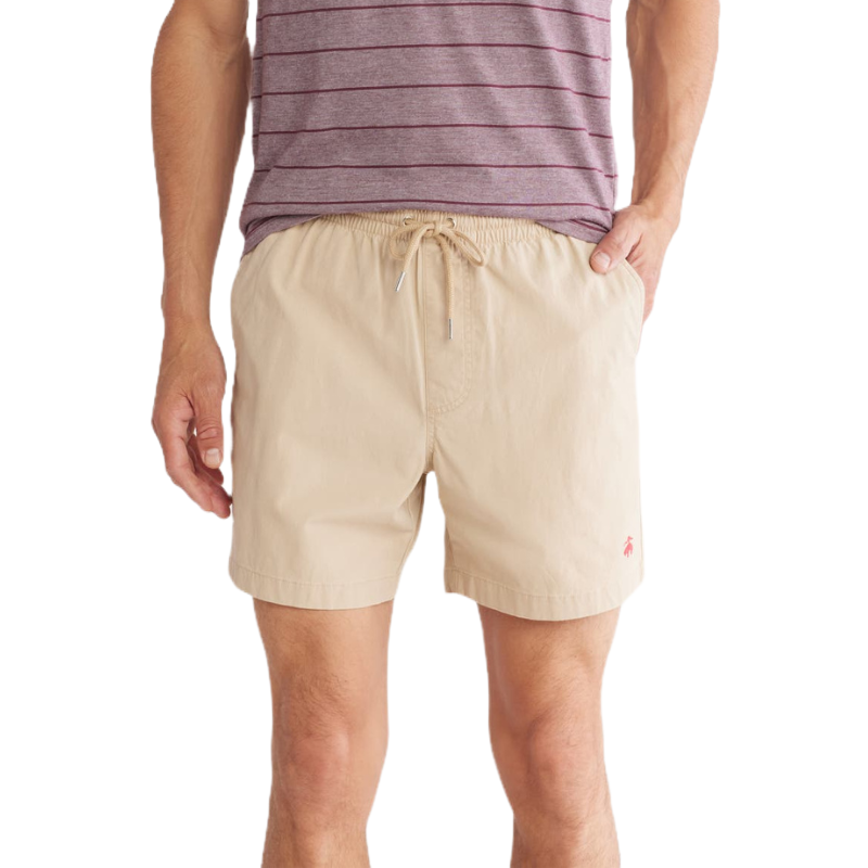 Beige stretch cotton shorts with an adjustable drawstring waist and a small red logo on the left leg, paired with a striped maroon shirt.
