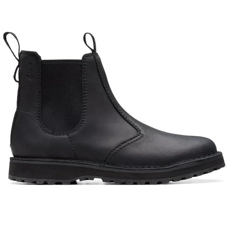 A black leather Chelsea boot with elastic side panels, a pull tab at the back, and a lugged sole for grip.