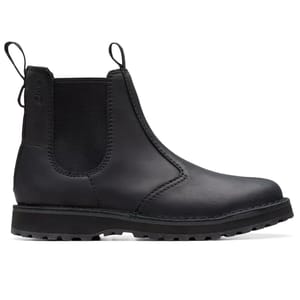 A black leather Chelsea boot with elastic side panels, a pull tab at the back, and a lugged sole for grip.