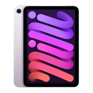 The Apple iPad Mini shown is a small tablet with a single rear camera, available in white, with a colorful display screen featuring abstract wallpaper.