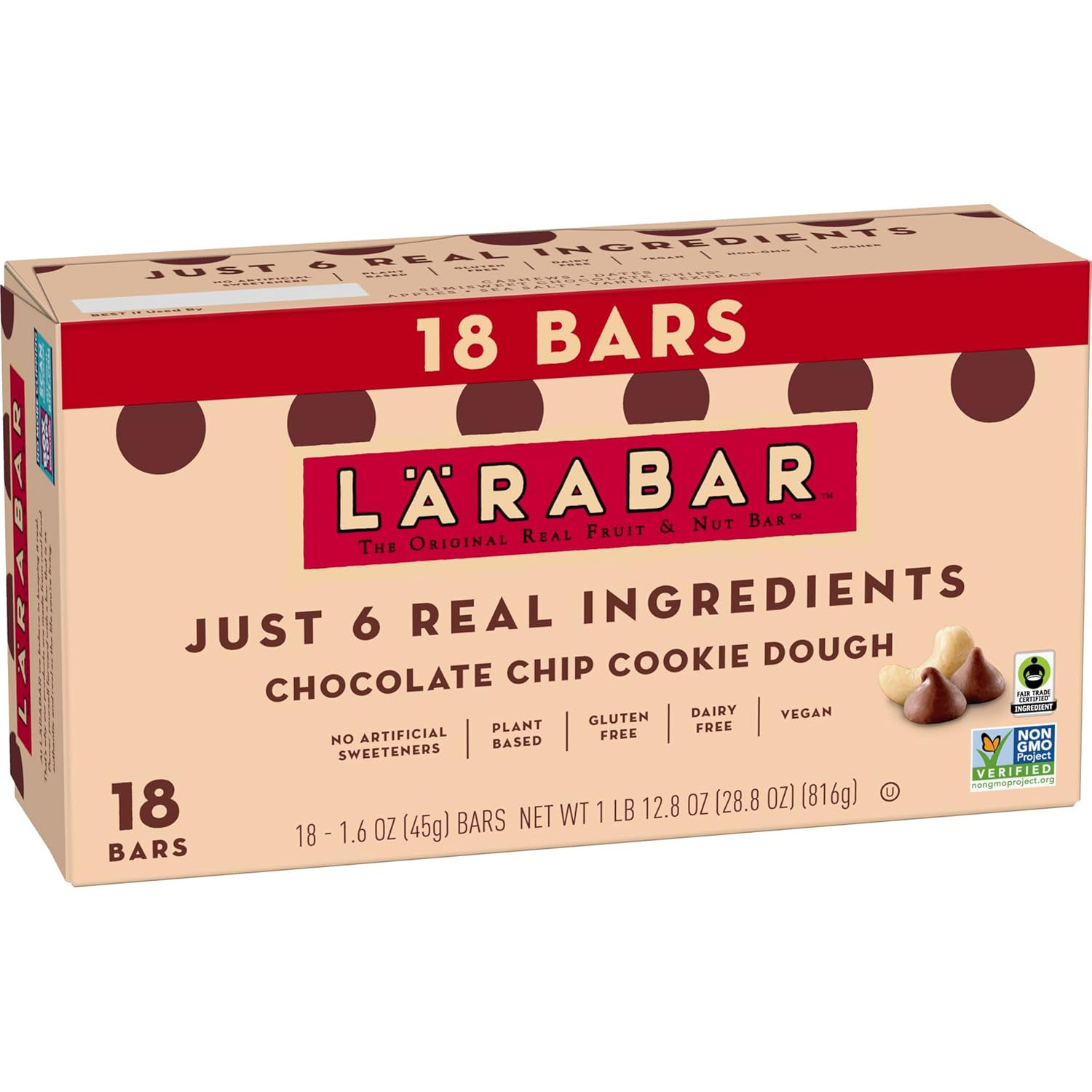 LÄRABAR Chocolate Chip Cookie Dough bars, 18-count box. Made with 6 real ingredients, they're plant-based, gluten-free, dairy-free, vegan, and have no artificial sweeteners. Non-GMO Project Verified.